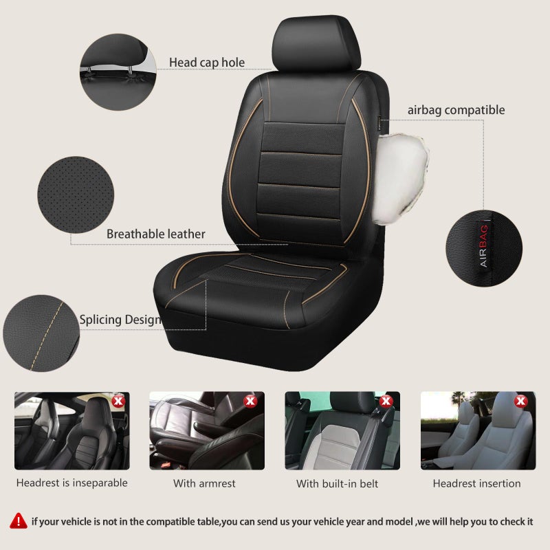 CAR PASS Universal FIT Piping Leather Two Front Seat Covers  Waterproof Faux Leather for SUV Sedan Van Truck  Airbag Compatible Reserved Opening Holes for Headrest Covers. (Black and Beige) - Image 3